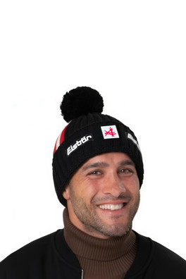 LEIZEL OS POMPON SA Merino Wool Blend Beanie - Dark Cobalt/White/Ketchup