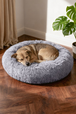 Calming Round Donut Plush Dog Cuddler Bed - Light Grey
