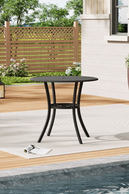 Metal Slatted Garden Table with Parasol Hole - Black Round Table