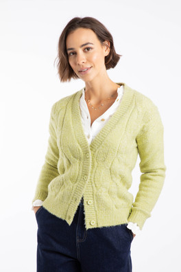 Rhona Womens Super Soft Cable Knit Cardigan - Celery