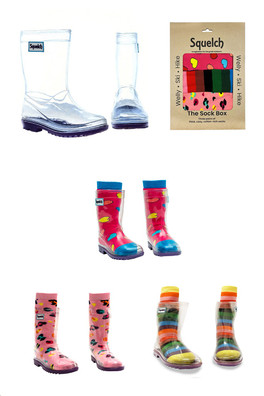 Kids Transparent Welly Boots and Sock Package - Hearts/Rainbow/Leopard