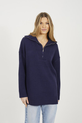 Oversized Womens 1/2 Zip Knitted Jumper - Navy