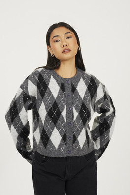 Round Neck Womens Argyle Knit Cardigan - Grey