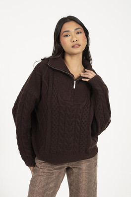 Quarter Zip Womens Cable Knit Jumper - Brown