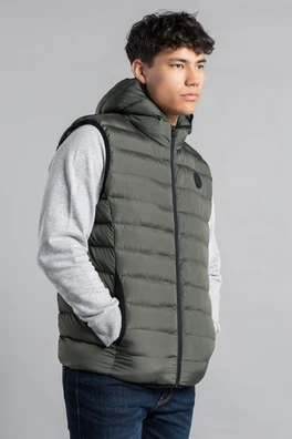 Mens Padded Hooded Gilet with Full Zip - Khaki