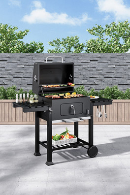 Mobile 2-layer Charcoal Grill BBQ Cooker - Black