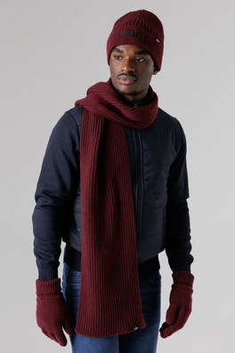 Mens Knit Hat, Scarf and Gloves Set - Wine