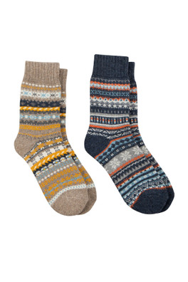 Mens Wool Blend FairIsle Slippers Sock Twin Pack - Multi