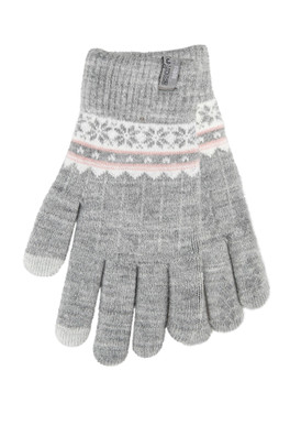 Womens Stretch Knitted SmarTouch Gloves - Grey Fair Isle