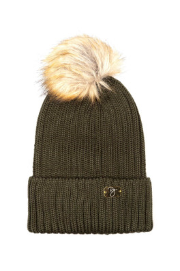 Bella Womens Pom Pom Beanie Hat - Olive/Natural