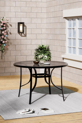 Tempered Glass Garden Table with Parasol Hole - Black Round Table