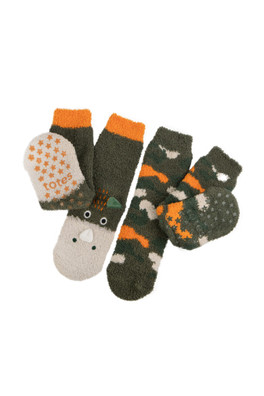 Kids Super Soft Slipper Socks Twin Pack - Dino / Camo