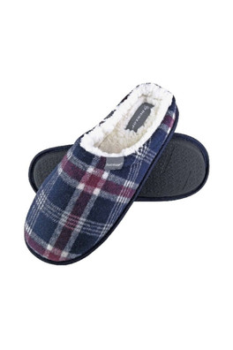 Mens Fleece Lined Mule Checked Slippers - Navy
