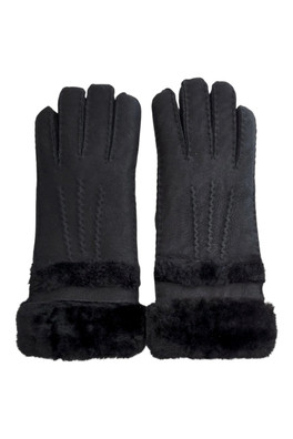 Womens Real Sheep Suede Gloves Roll Up/Down Cuff - Black