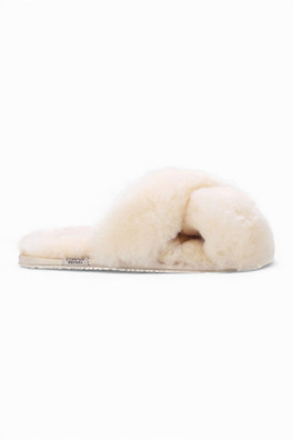 Womens Sheepskin Slippers Winter Fur Crossover - Beige