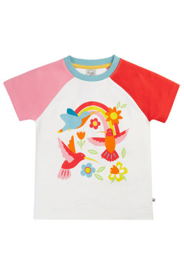 Kids 100% Organic Cotton Tamar Raglan T-Shirt - Soft White/Hummingbird