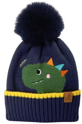 Childs Fleece Lined Thermal Bobble Hat- Dinosaur - Navy