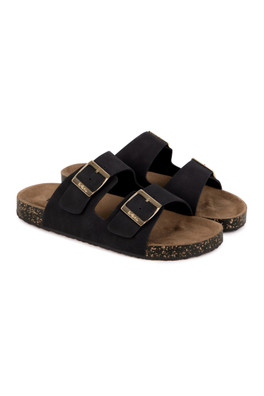 Womens PU Double Buckle Slider - Black