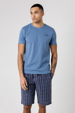 Mens T-Shirt and Checked Shorts Pyjama Set - Mid Blue
