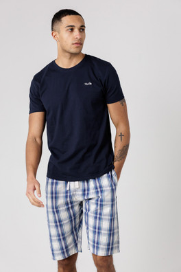 Mens T-Shirt and Checked Shorts Pyjama Set - Navy