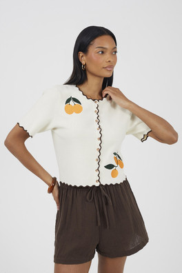 Short Sleeve Womens Cardigan Orange Embroidery - Ivory
