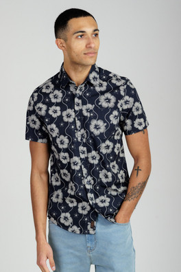 Cotton Poplin Mens Button-Up Abstract Floral Shirt - Navy