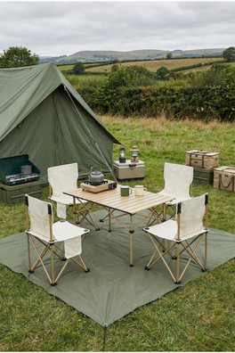 Portable Folding Camping Table with 4 Chairs - Beige + White
