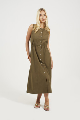 Sleeveless Button Down Womens Midi Dress - Khaki