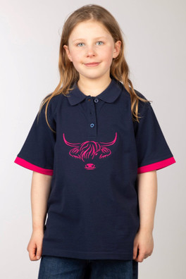 Kids Highland Cow Polo Shirt - Navy