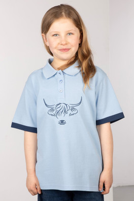 Kids Highland Cow Polo Shirt - Soft Blue