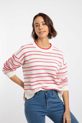 Liah Womens Pointelle Striped Crew Neck Jumper - Deep Pink