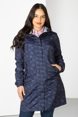 Womens 3/4 Length Waterproof Jacket - Multi Dog Navy