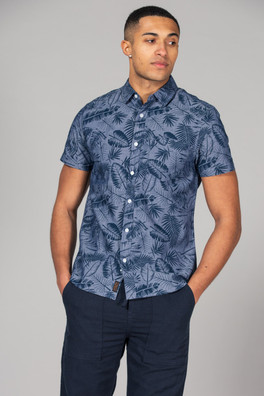 Mens Printed Chambray Short-Sleeve Shirt - Blue