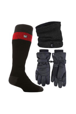 Mens Ski Set Gloves Neckwarmer Thermal Socks - Jet Black