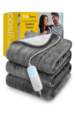 Double Fleece & Sherpa Heated Throw - Grey