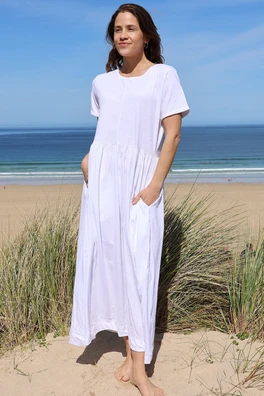 Womens Long Gathered Dress - White