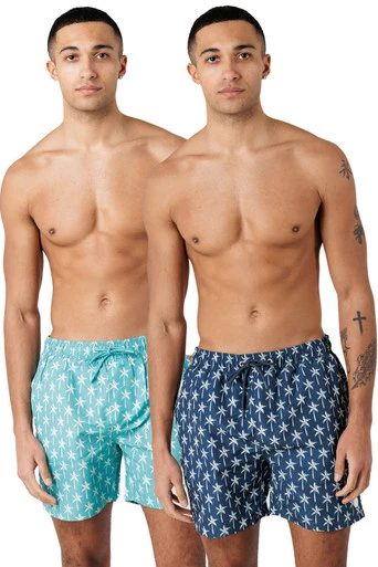 Mens 2-Pack Palm Tree and Logo Print Swim Shorts - Teal