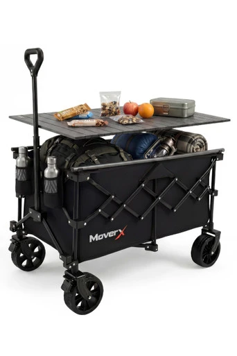 2-in-1 Folding Camping Table Trolley 120L Wagon - Black