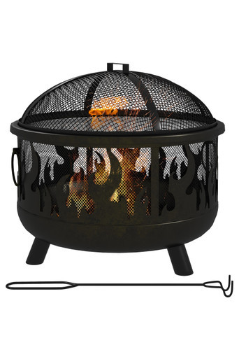 Round Wood Burning Fire Pit with Grill - Black