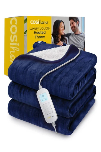 Double Fleece & Sherpa Heated Throw - Navy