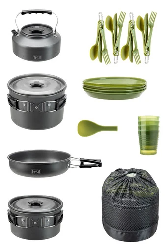 4 Person Camping Cooking Set with Kettle - 27pc - Green