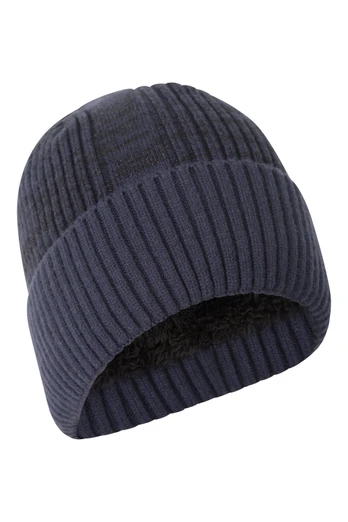 Fur Lined Mens Ribbed Thermal Beanie - Navy