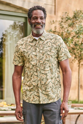 Tropical Printed Mens Short Sleeved Shirt - Khaki