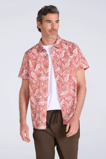 Tropical Printed Mens Short Sleeved Shirt - Rust