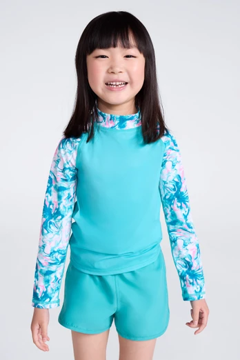 Long Sleeved Printed Kids Rash Guard - Turquoise