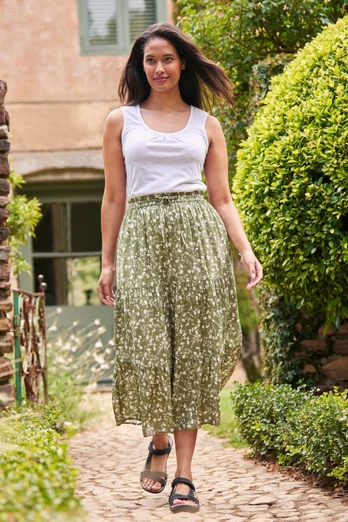Palermo Womens Tiered Midi Skirt - Khaki