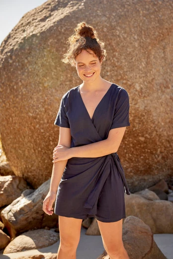 Linen Womens Wrap Playsuit - Navy