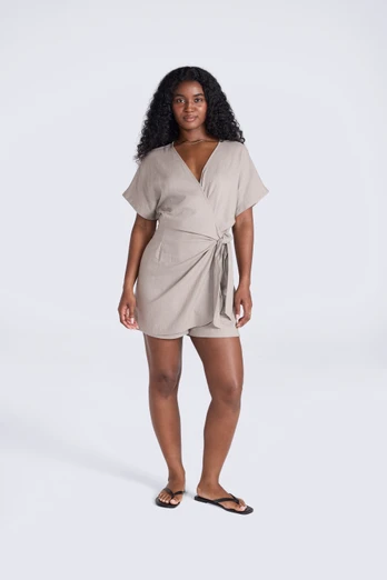 Linen Womens Wrap Playsuit - Taupe