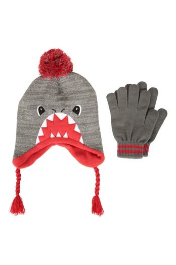 Shark Kids Trapper Hat & Gloves Set - Grey