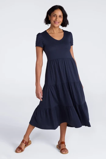 Malaga Broderie Sleeve Womens Tiered Dress - Navy